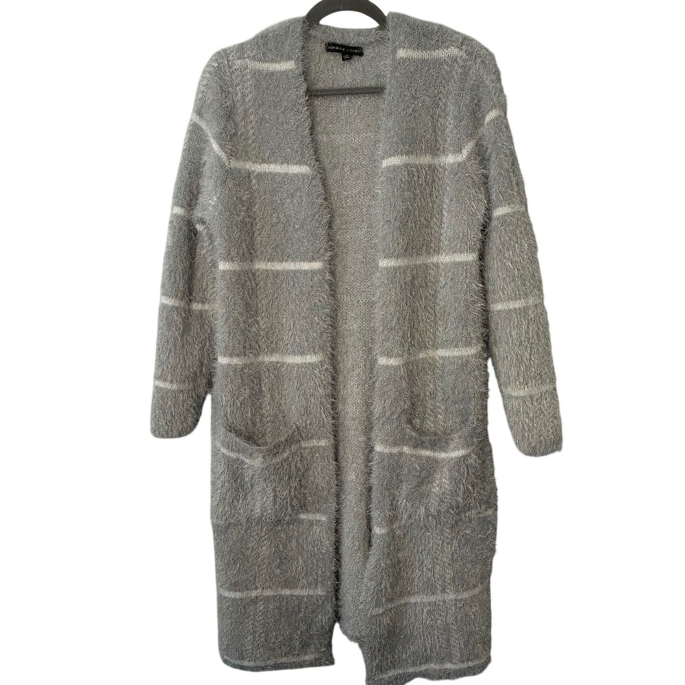Adrienne Vittadini Grey Eyelash Knit Longline Striped‎ Cardigan Sweater Small